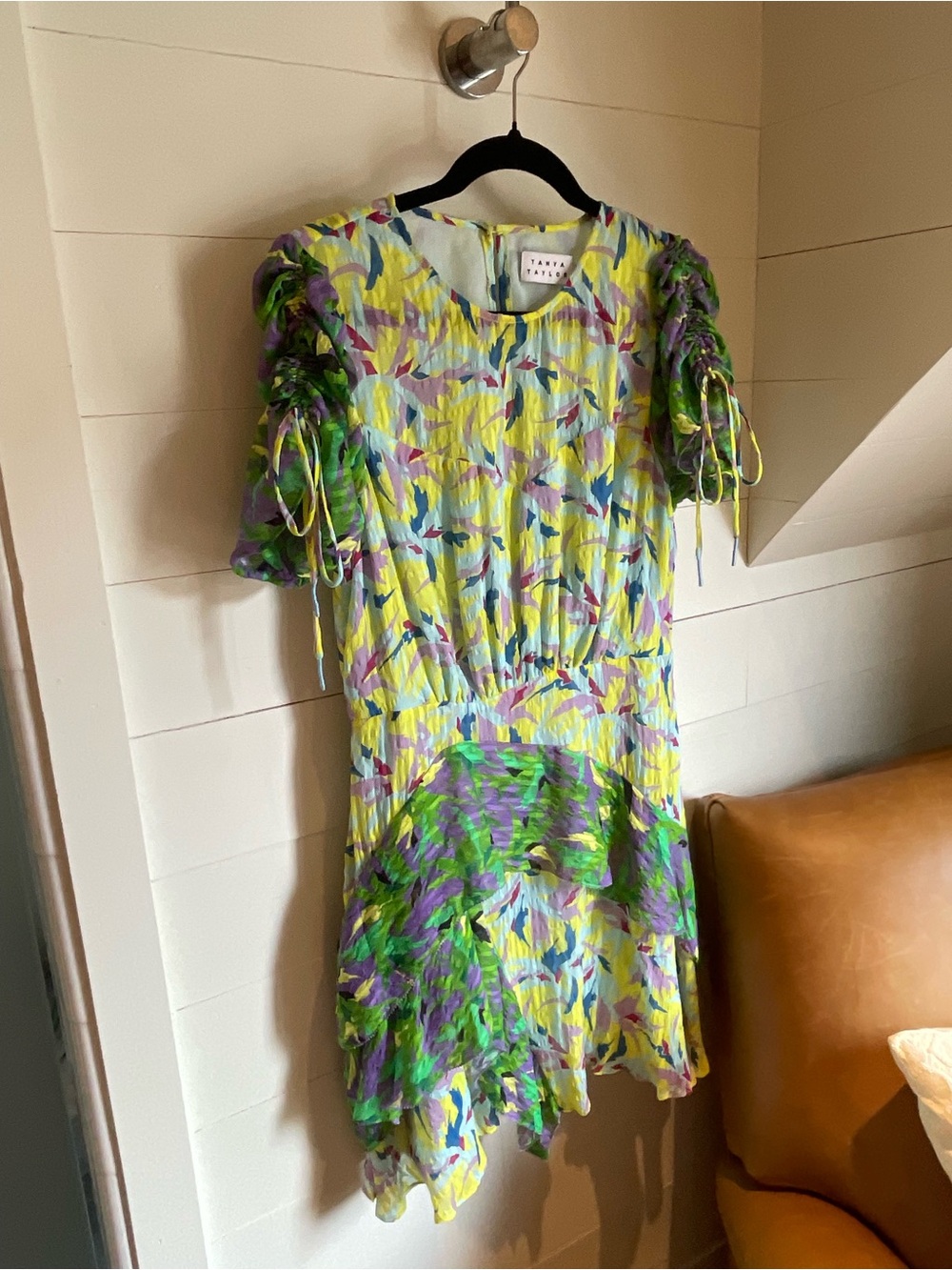 Tanya Taylor Yellow, Green & Purple Abstract Print Ruched Sleeve Mini Dress